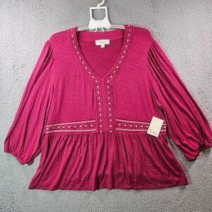 $69 NWT - ‎ Nurture by Westbound Tunic Top Blouse Women 2X Embroidered Wine  NEW